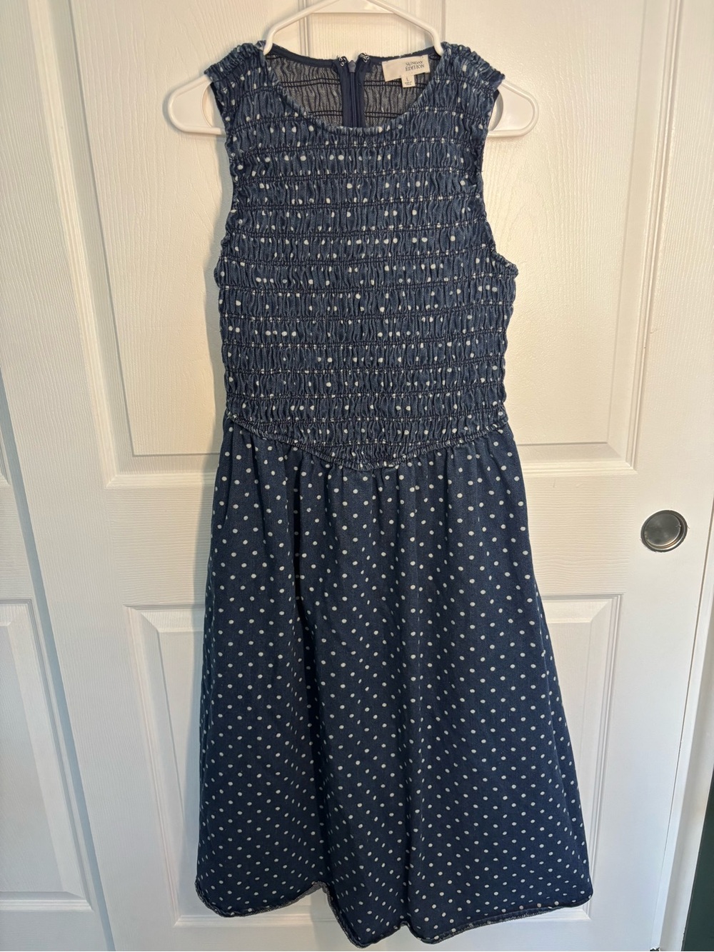 Sunday Edition Smocked Polka Dot Denim Look Midi Dress Large